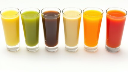 A vibrant display of colorful juice shots arranged in a row, highlighting various flavors and textures