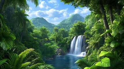 Lush tropical waterfall in a vibrant jungle paradise. © MD