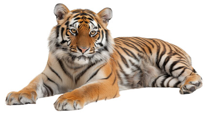 Obraz premium A majestic tiger with striking stripes laying on ground on a white background