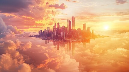 Fototapeta premium A majestic floating city with futuristic skyscrapers hanging in the sky, reflecting the sunset, with copy space.