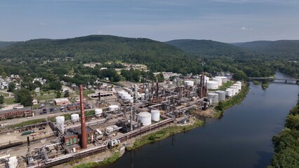 United Refining Company petroleum oil refinery in Warren, Pennsylvania processing 70,000 barrels of crude oil daily. Located by Allegheny River it produces gasoline and diesel fuel. 