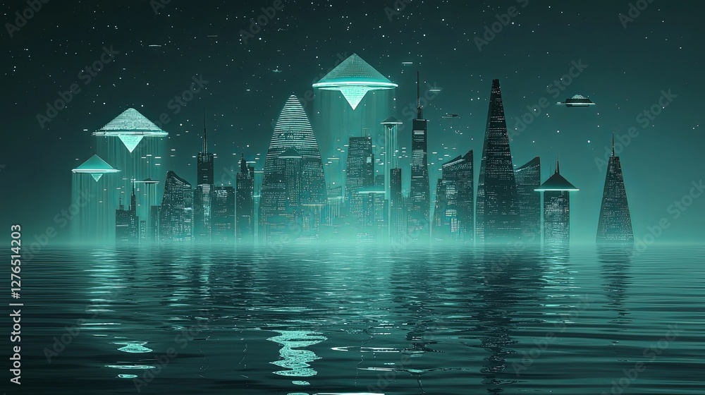 Poster a mesmerizing futuristic city with floating structures creating a geometric digital paradise, with c
