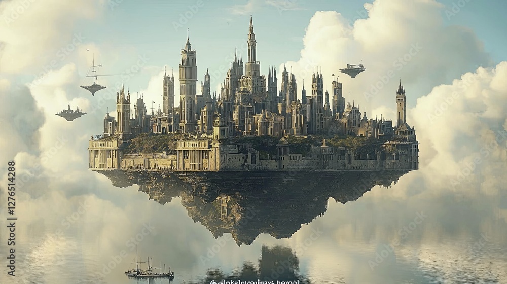 Poster a mesmerizing futuristic city with floating structures creating a geometric digital paradise, with c