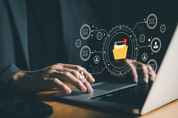 Business person using smartphone computer to send or receive email and communication for multiple...