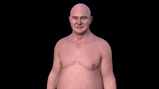 A 3D photorealistic animation showcasing the upper half part of a middle-age man, revealing the intricate details of his skin, face, and body anatomy.
