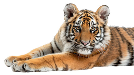 Obraz premium A majestic tiger with striking stripes laying on ground on a white background