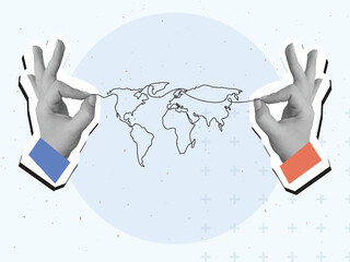 Hands holding a linear world map. Modern photo collage style. Vector illustration © tiena