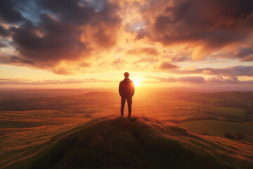 man walking on the beach at sunset. A lone man stands on a hilltop, silhouetted against a breathtaking sunset, with rolling hills and a vibrant sky in the background. alone man on mount in evening