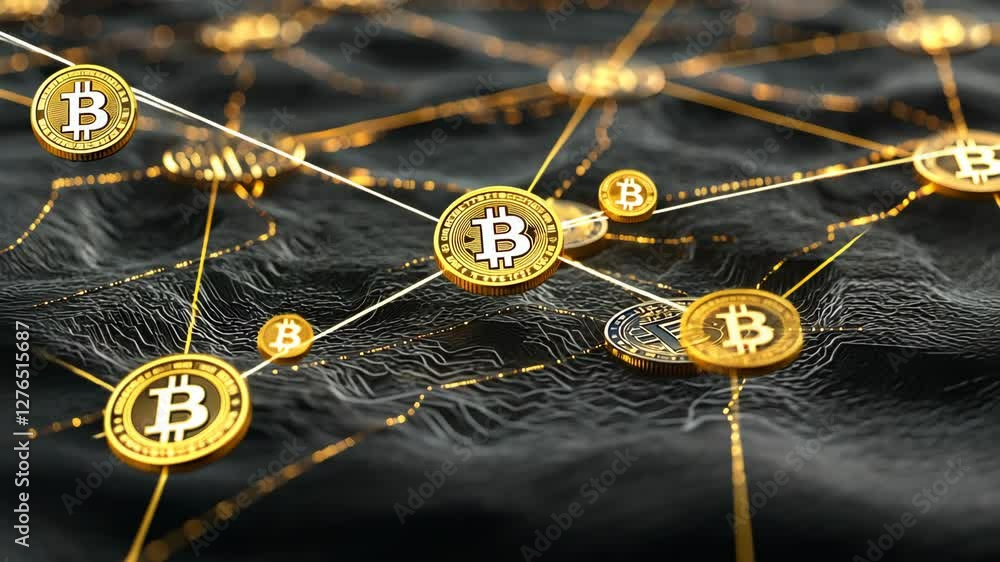 Poster bitcoin network connection on dark terrain, data flow visualized