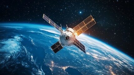 Fototapeta premium Satellite orbits Earth, capturing vibrant blue and white surface, showcasing planetary beauty from space.