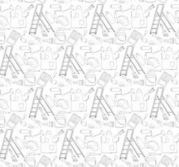 painter tools seamless pattern. Vector graphic line Stroke, Paint can opener, color can, apron, bucket, can, Brush, Roller, Paint tray, Masking tape, Ladder, Step ladder