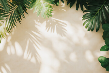 Soft shadows of tropical leaves falling on a warm beige background. The natural light creates a calming and organic aesthetic, perfect for design or mockup purposes.