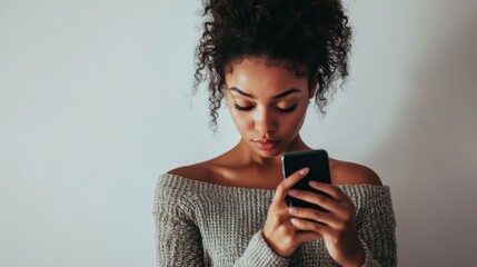 Social media rumors affecting a woman during a photography shoot. Featuring anxiety and distraction