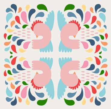 Symmetrical Floral and Bird Abstract Pattern
