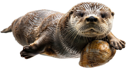 Close-up portrait of a cute European otter with brown fur and whiskers in a natural wildlife setting