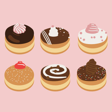 Assorted Tasty Sweet Donuts with Different Fillings and icing on a Pink Background. Delicious Bakery Hand Drawn Minimalist Chocolate Dessert Pastel Icon Set.