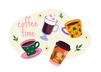 Various stylish coffee cups and mugs with different patterns and colors, accompanied by the text coffee time on a soft pastel background with floral elements. Vector illustration