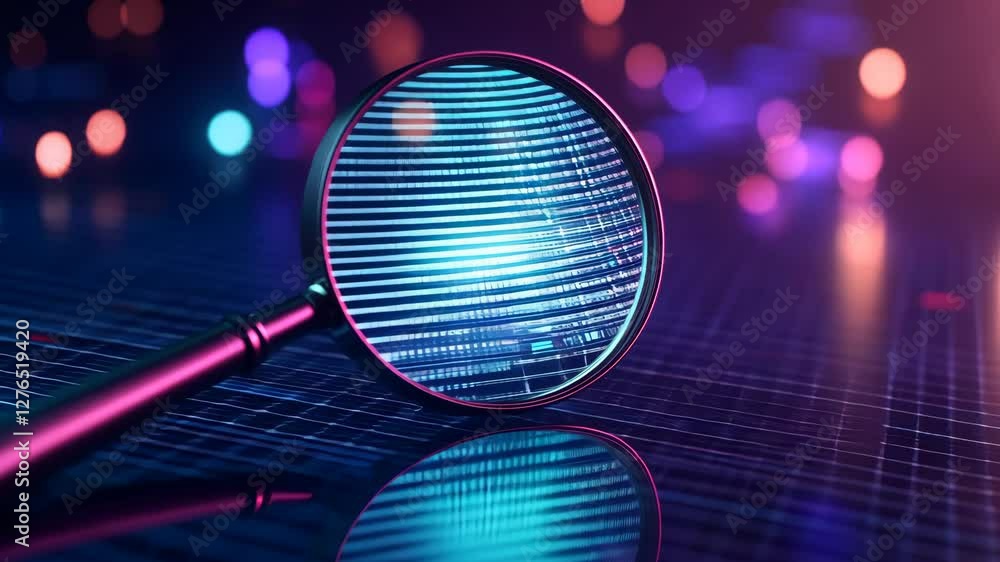 Poster magnifying glass examines digital data on grid with bokeh background