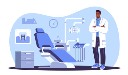 Dentist in white coat standing with folded arms in a modern dental clinic. Blue dental chair, medical equipment, and tooth X-ray on background. Healthcare concept. Vector illustration