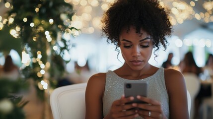 Social media rumors affecting a woman during a wedding. Featuring anxiety and distraction