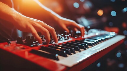 Close-up of hands playing a vibrant red keyboard at a lively music performance with colorful lights