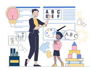 Female teacher teaching a young child using interactive methods like visual aids, puzzles, and speech bubbles, emphasizing cognitive learning on a white background. Vector illustration