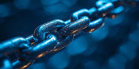 vivid close-up of a metallic chain with blue reflections and water droplets