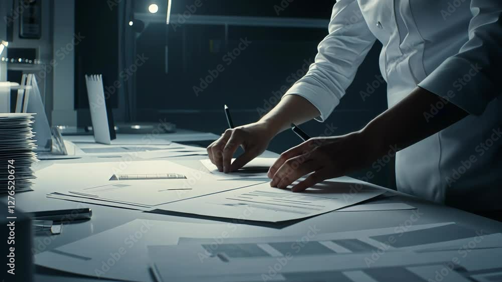 Poster scientist analyzing charts in dark lab with equipment