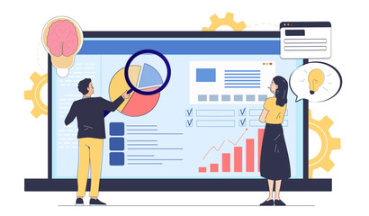 Two professionals analyze business data on a large screen with charts, graphs, and checklists. One holds a magnifying glass while the other thinks. Business strategy concept. Vector illustration