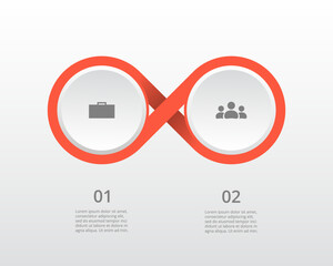 Red infographic template with 2 steps, options, parts or processes. Presentation of teamwork or business processes. Concept of molecule or infinity sign.