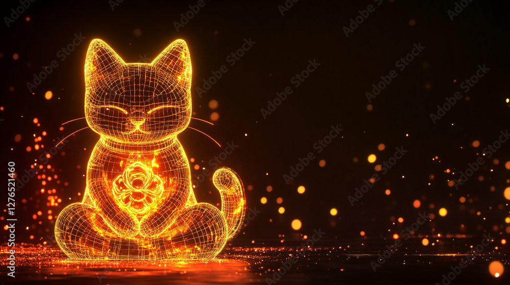 Poster a digital representation of a cat in glowing wireframe style, holding a flower, symbolizing technolo