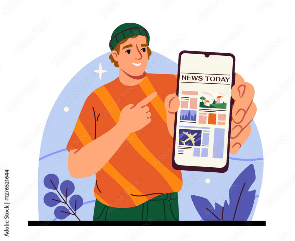 Wall mural smiling man in casual outfit points at smartphone displaying online news. modern flat-style design w