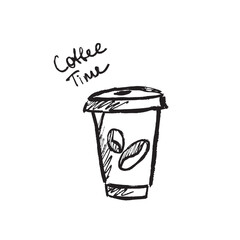 Disposable cup of coffee design. Coffee time poster. black drawing in black brush stroke texture isolated on white background. Hand drawn vector sketch illustration in vintage charcoal ink, cafe menu