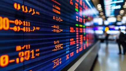 Stock market data displayed on large electronic board in busy financial hub - Powered by Adobe