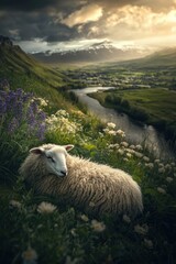 Obraz premium Sheep in flower grass field in Spring.