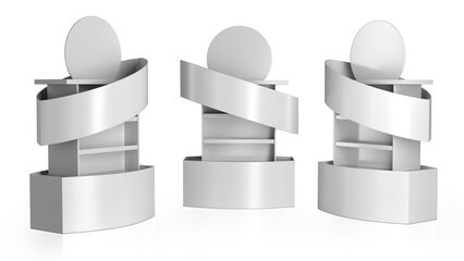 Retail POS cardboard display with round topper and pedestal. Design for product promotion and advertising. 3d illustration set isolated on white