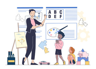 A teacher is teaching children in a creative classroom with various educational and artistic elements, including puzzles, painting, and storytelling. Vector illustration