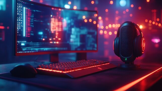 Gaming setup with computer, keyboard, mouse, microphone, and vibrant nightlife background