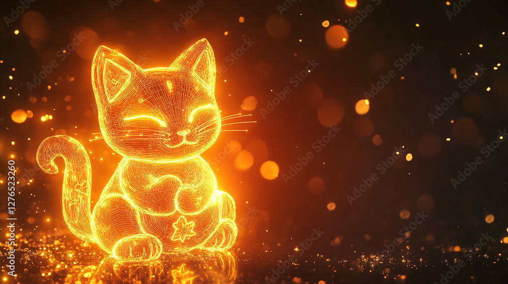 Poster a glowing wireframe cat in 3d with a star symbol, surrounded by sparkling golden particles, showcasi