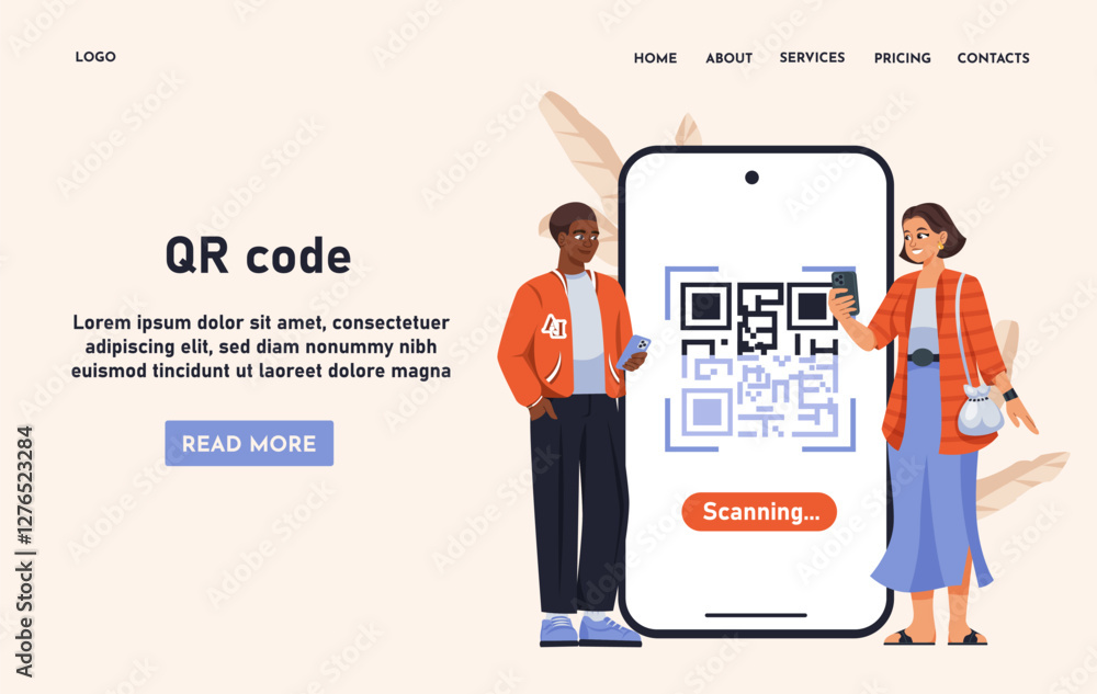 Poster two people scan a qr code on a large smartphone screen. the webpage layout includes text, a button, 