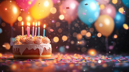 Festive Birthday Celebration with Colorful Balloons, Glowing Candles, and Floating Confetti in a Warm, Cheerful Atmosphere