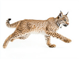 Fototapeta premium Wild Bobcat in Motion with White Background and Closeup Details