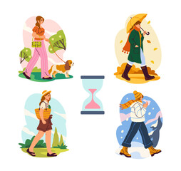 Woman depicted walking in four different seasons spring, summer, autumn, and winter each with distinct clothing and backgrounds. Seasonal transition concept. Vector illustration