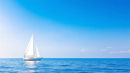 Obraz premium A sailboat sailing on the ocean with bright blue skies above and clear water below, symbolizing freedom and adventure. Copy space available.