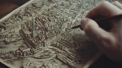 Detailed Artistic Rendering of Historical City Map with Pencil