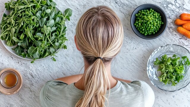 healthy kitchen. top view of woman with natural ingredients on the counter for cooking.