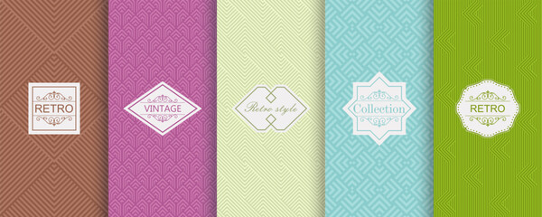 Vector geometric seamless patterns for print, decor, voucher, package, banner. Trendy set of abstract colorful backgrounds with minimal labels, frames. Abstract modern retro line ornament textures