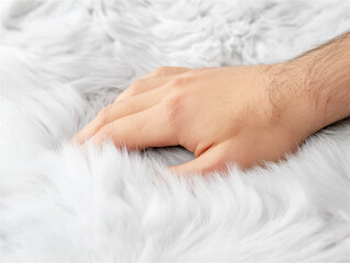 Close-up of a hand gently resting on soft, fluffy white fur, symbolizing calm and relaxation. The image evokes feelings of comfort and warmth.