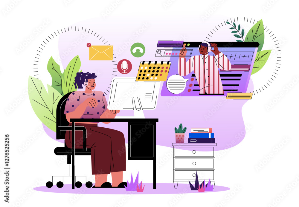 Poster a woman in a headset working on a computer while communicating with a colleague via video call. vari