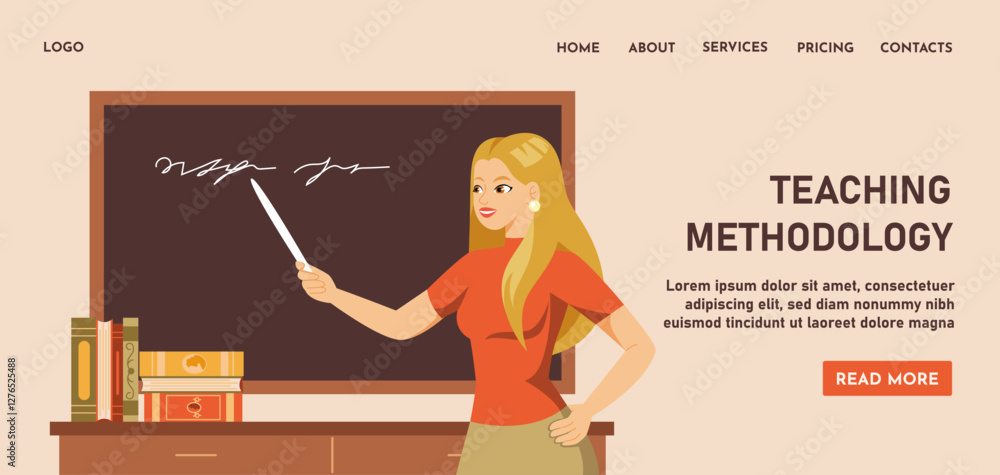 Poster female teacher pointing at a chalkboard with a stick while explaining a lesson. books are stacked on